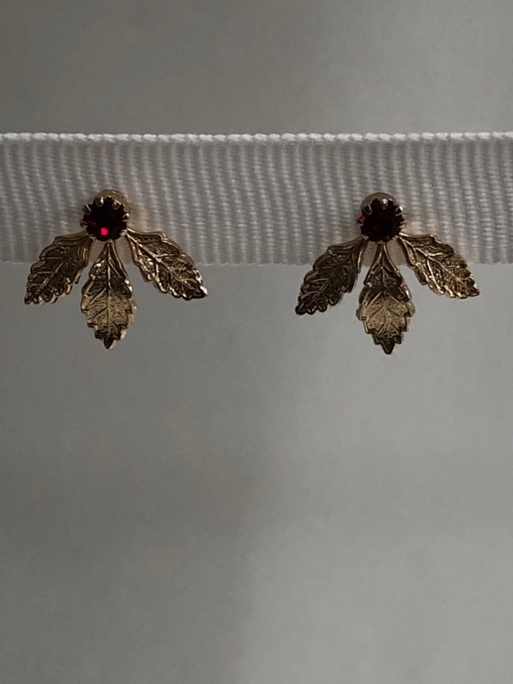 Red Rhinestone Gold Botanical Clip-on Earrings